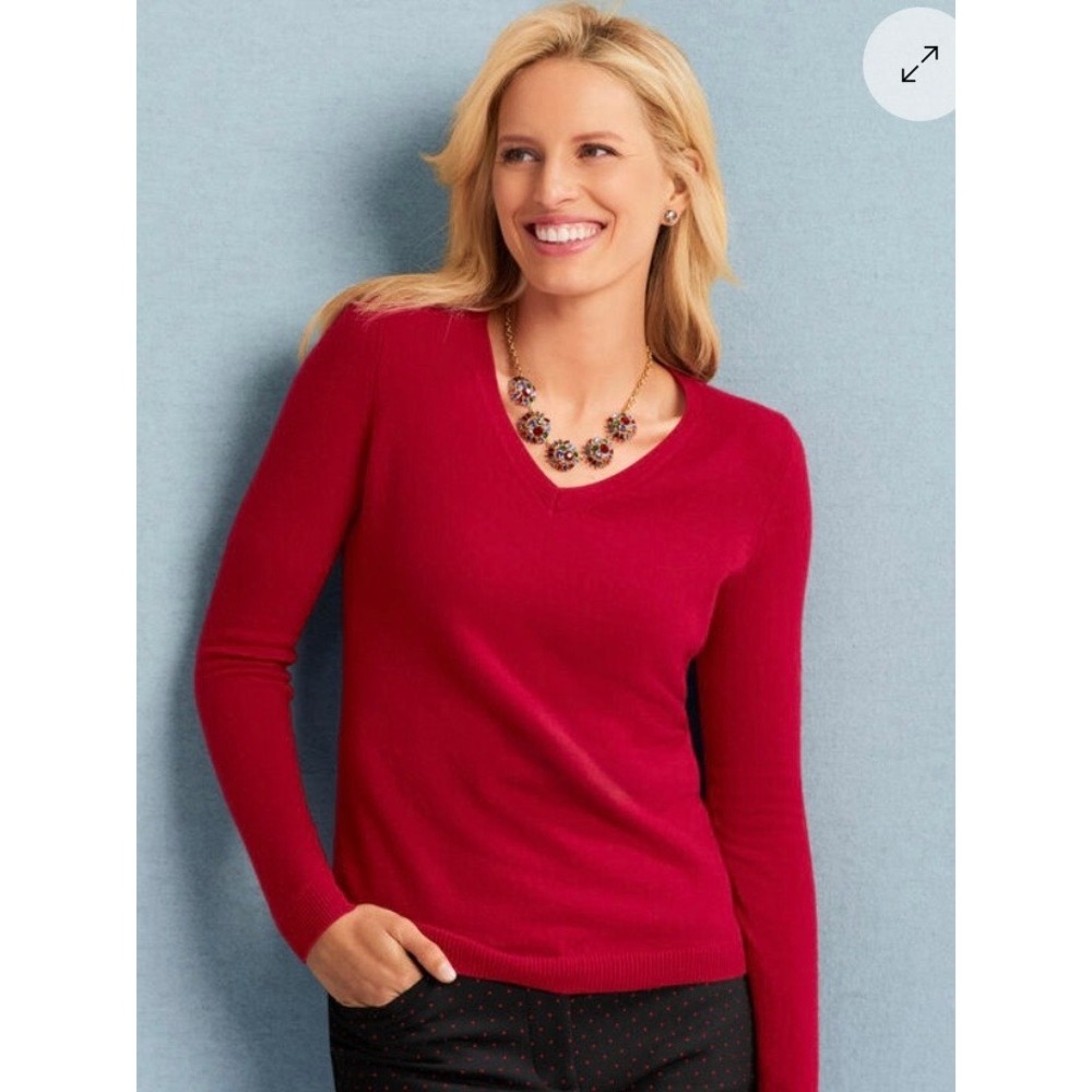 Talbots 100% Pure Cashmere Deep Red V-Neck Sweater Size L Quiet Luxury Old Money